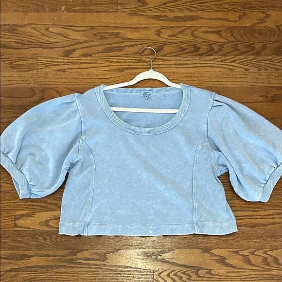 Aerie Seams Right Top Women’s XL Blue Ribbed Puffed Short Sleeve Cropped - Picture 11 of 11